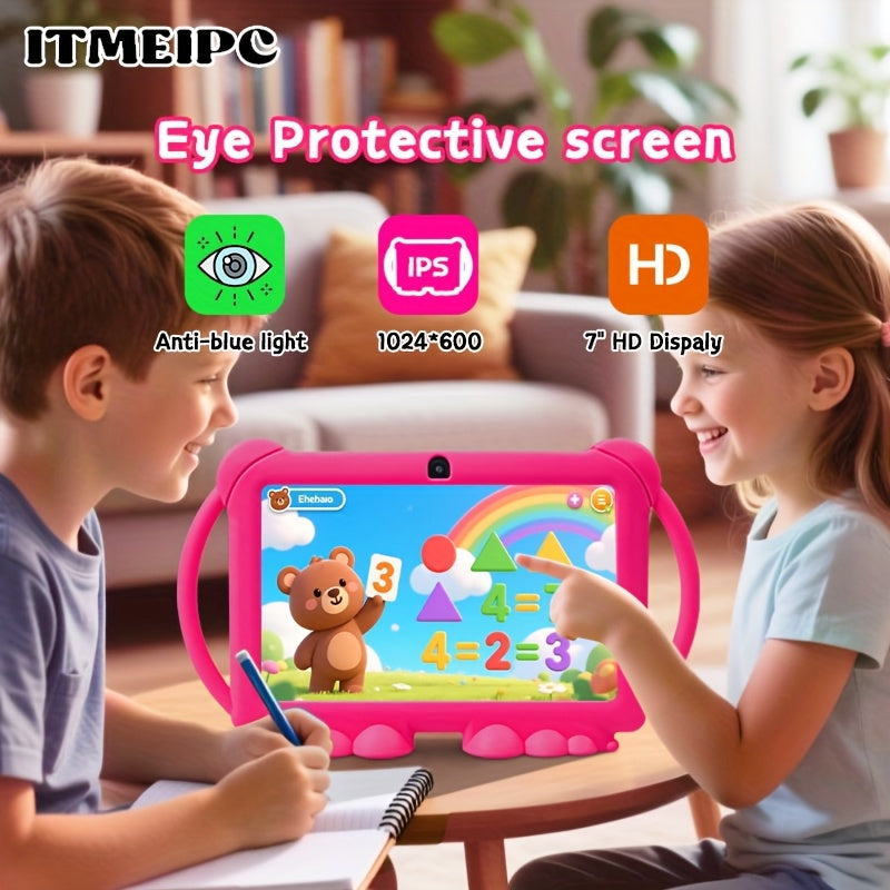 ITMEIPC, 2025 New Models, 7 Inch Android Kids Tablet, Android14, 4GB(2GB+2GB) RAM 32GB ROM Dual Camera, Wi-Fi, Large Screen Learning Entertainment Tablet Parental Control Pre-installed Apps, HD Screen Protective Case High-Performance Student Tablet