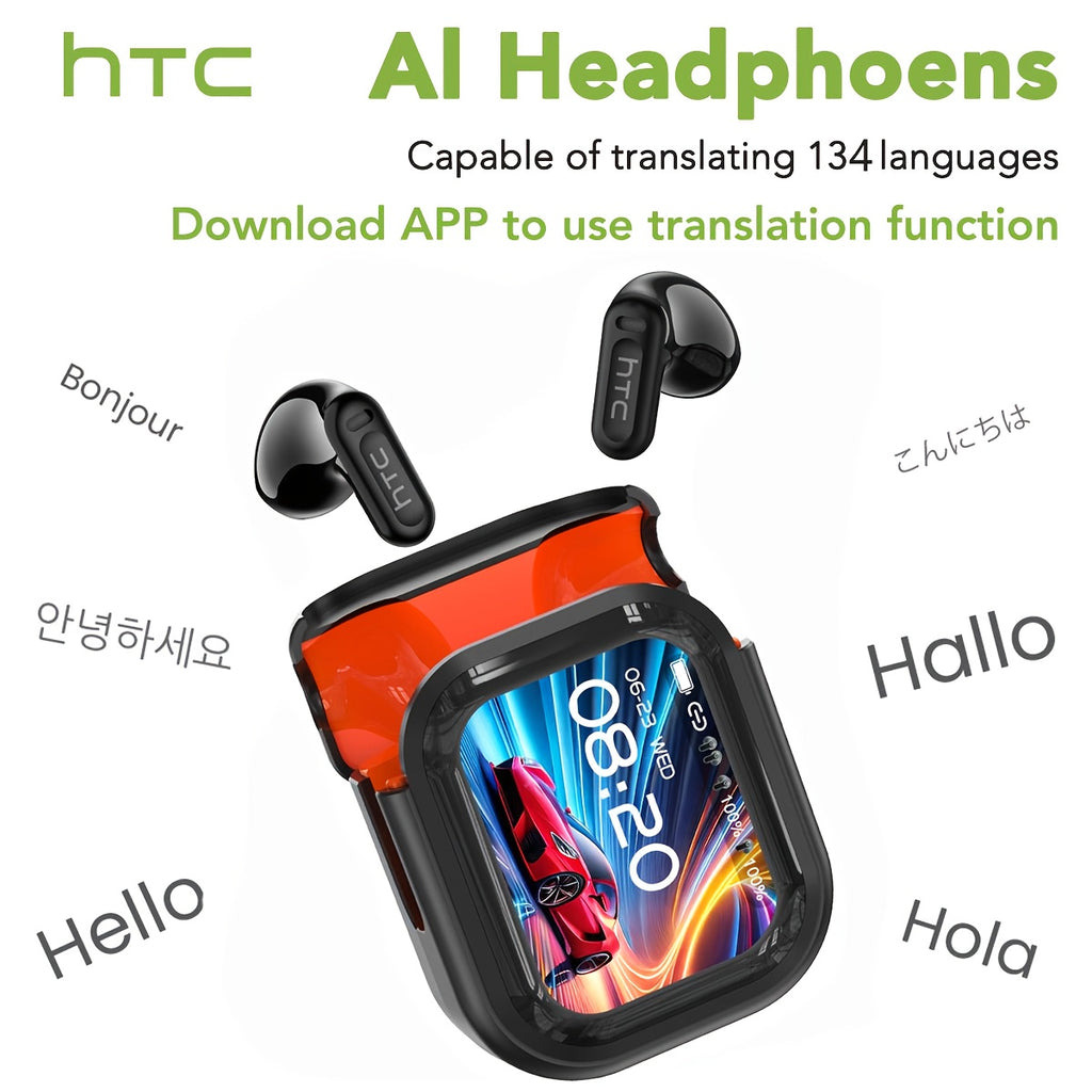 HTC NE20 AI Translator Headset with Real-Time Translation in 131+ Languages, Wireless 6.0 Wireless, Long-Lasting Battery, Touch Control, Smart LCD Screen, Gaming Mode, Compatible with PC/Phone/Tablet - for Travel, Gaming, Business, Everyday Use - Lightwei