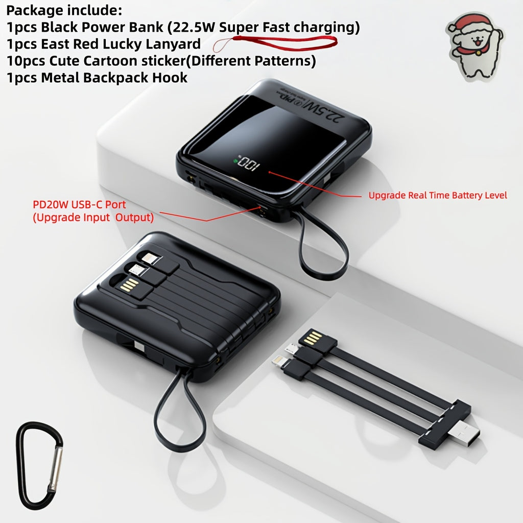 10000mAh This Mini Portable Power Bank Features A With A Built-in 4-in-1 Multifunction Cable. Supporting 5W Slow Charging/15W Fast Charging/22.5W Super Fast Charging, Perfect For Travel Business Keeping Your Devices Powered Anytime
