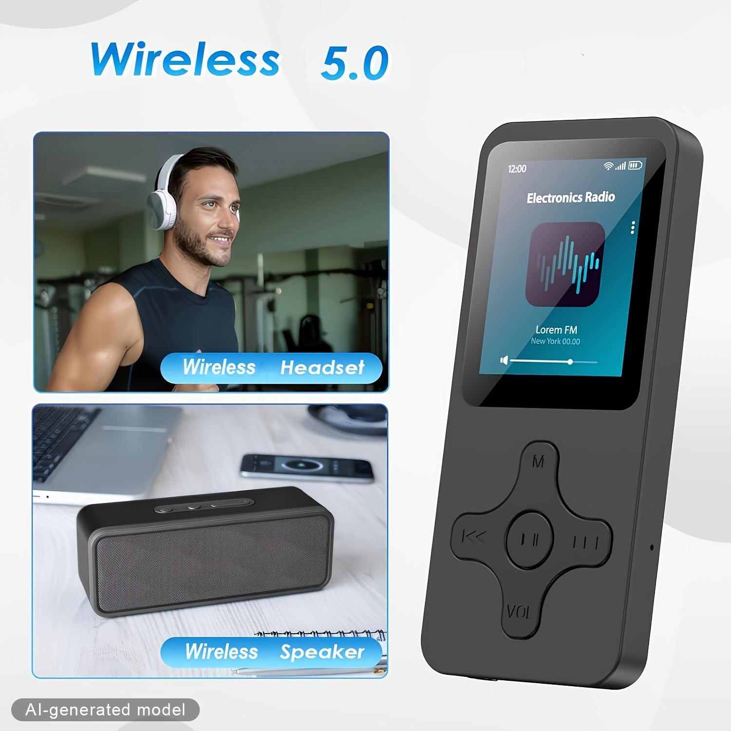[Portable Wireless5.0] MP3 Player With Wireless & 64G Micro SD Card Build-In Speaker Wireless 5.0 Portable MP3 FM Radio Photo E-Book Reader 1.8 Inch Screen Supports Up To 64GB (Black)