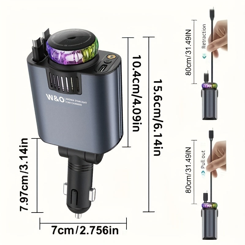 [3-in-1 Fast Charging] New AromaRelax Car Charger, Perfume(1pc/3pcs Sold), 3-in-1 Retractable Car Charger with Starlight Projector, Fast Charging Car Phone Charger with 2.6ft Retractable Cable And USB-C Port, Car Charger Adapter, Compatible with Phone Etc