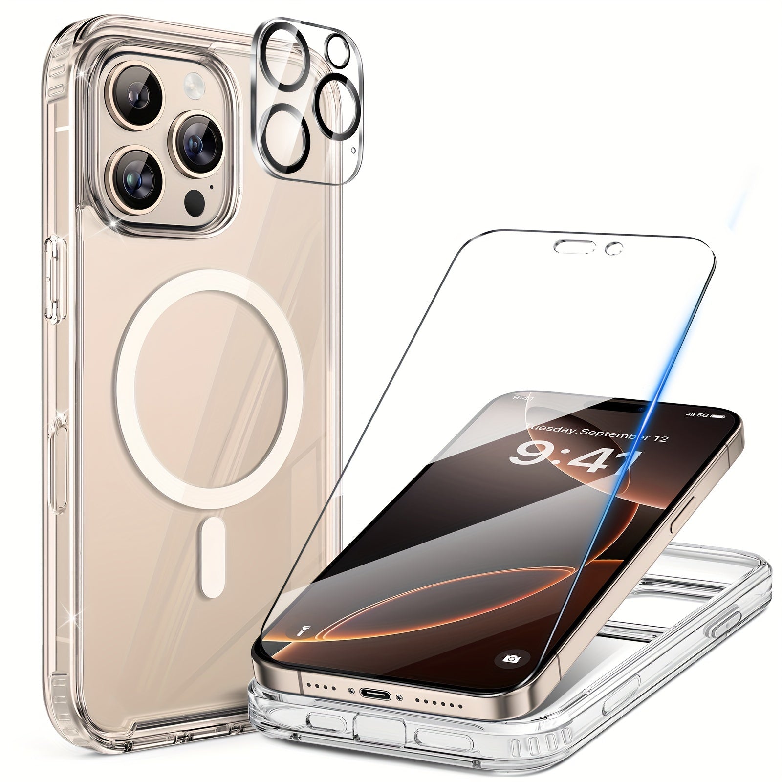 Phone Case - Protective Phone Case IP16 Pro Max Case for Magnetic Additions, Shockproof Protective Case, with Tempered Glass Screen Protector + Camera Lens Protector, Scratch-Resistant Back Cover