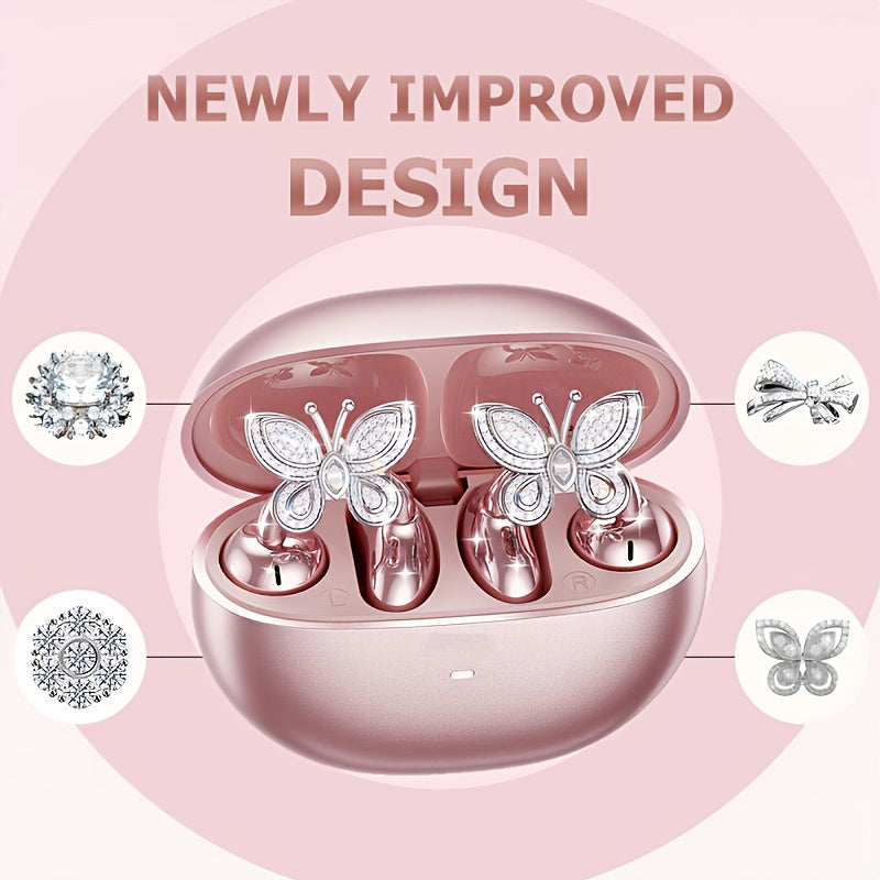 Clip On Earbuds, Open Wireless Earphones, With Detachable Beautiful Synthetic Gemstonestone Earrings, HD Stereo Sound, ANC Noise Reduction, Hands-Free Call, Designed For Exercise/ Sports/ Work/ Study/ Outdoors, Compatible With All Smartphones