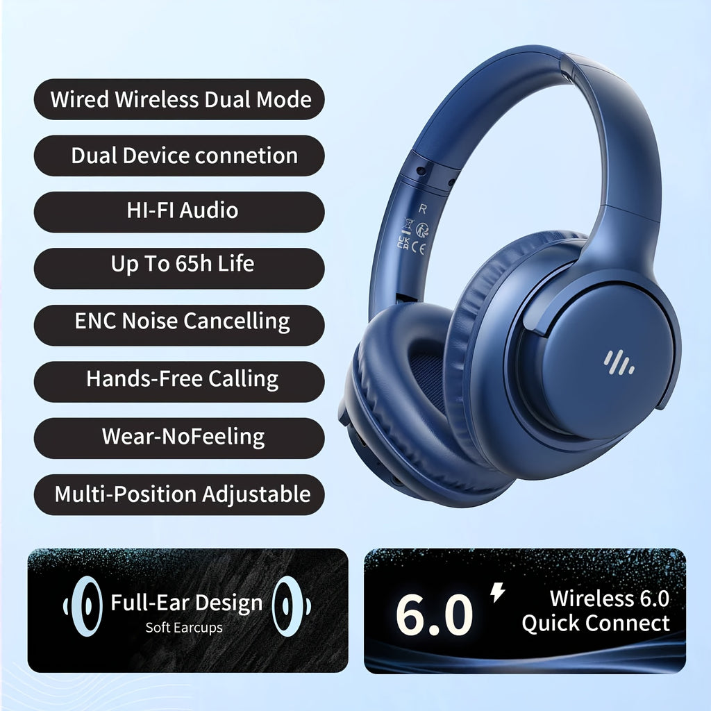 KVIDIO Wireless Over-Ear Headphones, Rich Bass, Hifi Stereo, Low Latency, 65 Hours Ultra-Long Battery Life, with Microphone, Foldable Lightweight Design, Suitable for Travel, Work