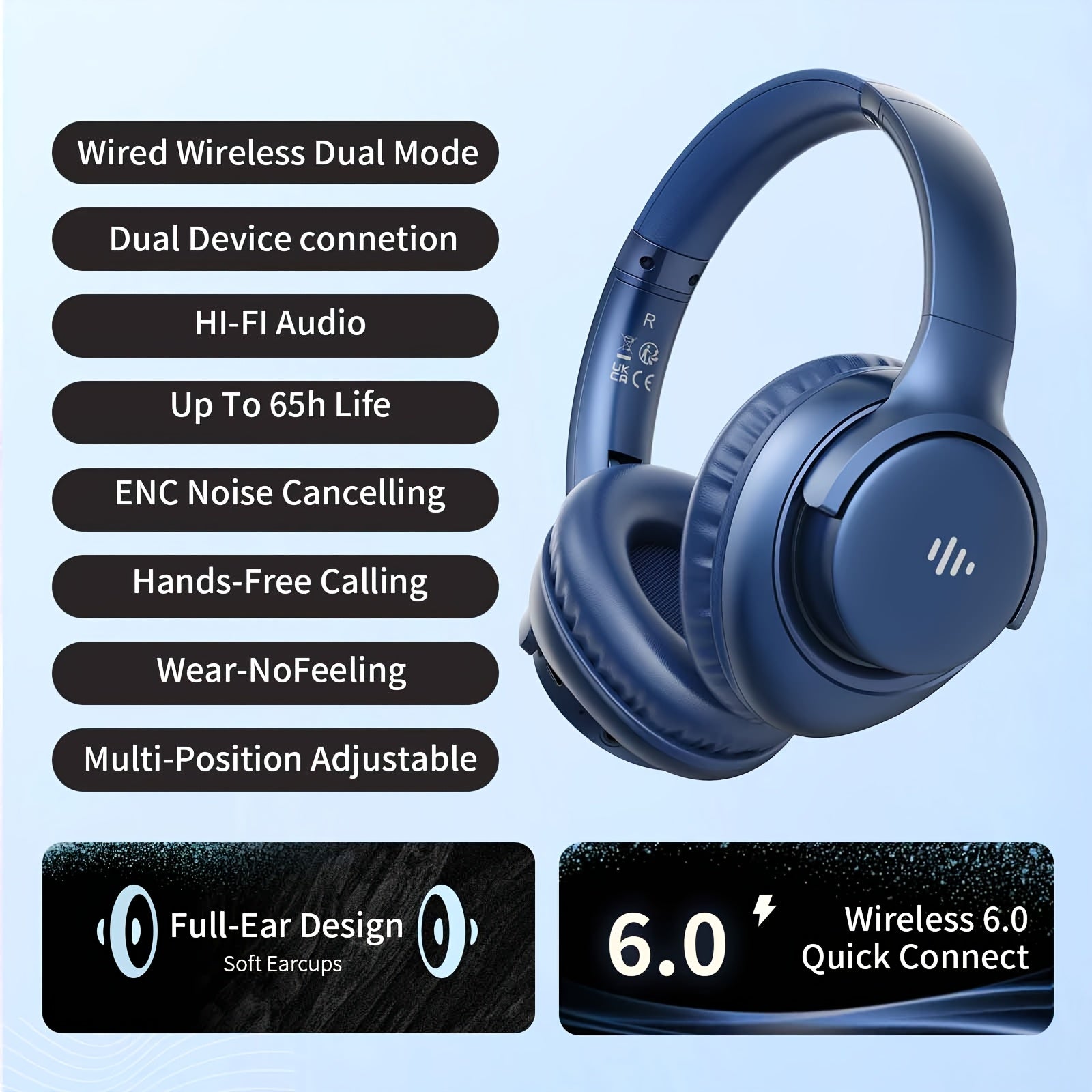 KVIDIO Wireless Over-Ear Headphones, Rich Bass, Hifi Stereo, Low Latency, 65 Hours Ultra-Long Battery Life, with Microphone, Foldable Lightweight Design, Suitable for Travel, Work