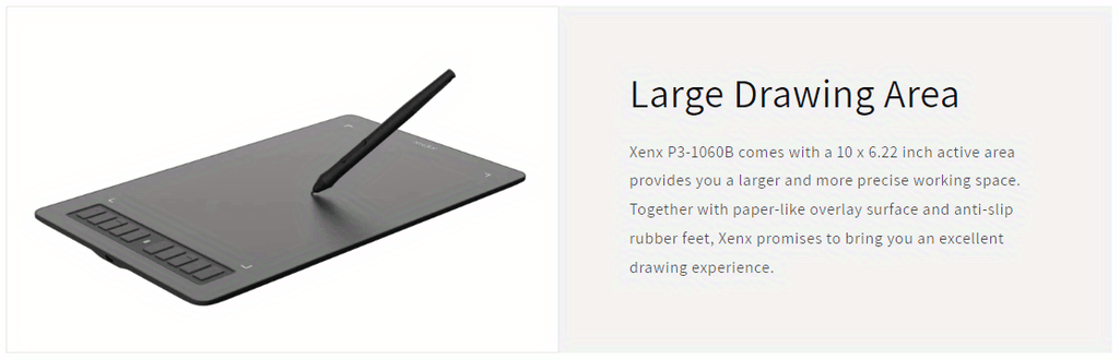 XENX P3-1060B Graphic Drawing Tablet, Featuring a Large 10 X 6.22 Inch Surface, Comes with 10 Hotkeys, a Passive And Battery-Free Stylus, And Offers 8192 Pressure Sensitivity Levels. It Is Compatible with Mac, Windows Pcs, And Android