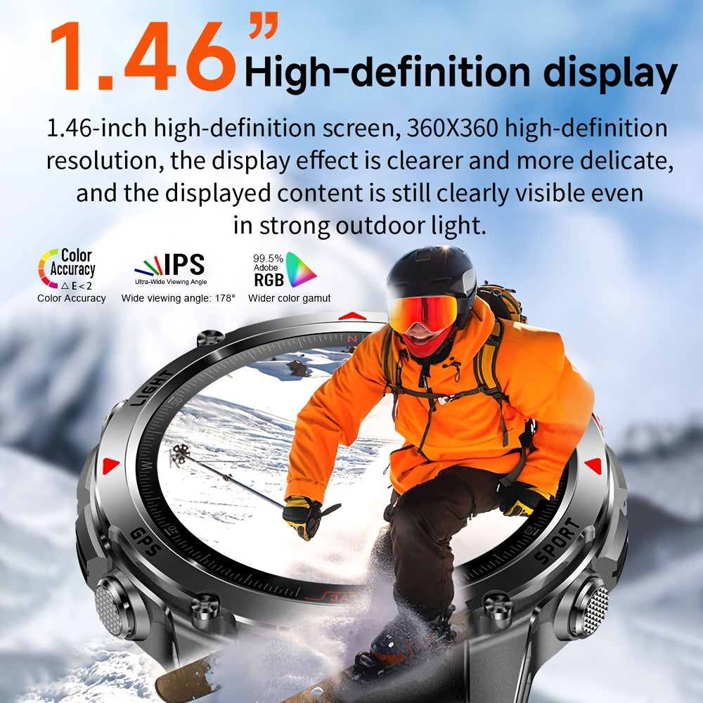 Men's Smartwatch, Outdoor Adventure Smart Bracelet with GPS Precision Positioning, IPX8 3ATM High Quality, Multi-Sport Tracking, Wireless Connectivity and Message Notifications for Android and iPhone Devices, 1.46-inch IPS Display, Christmas Gift