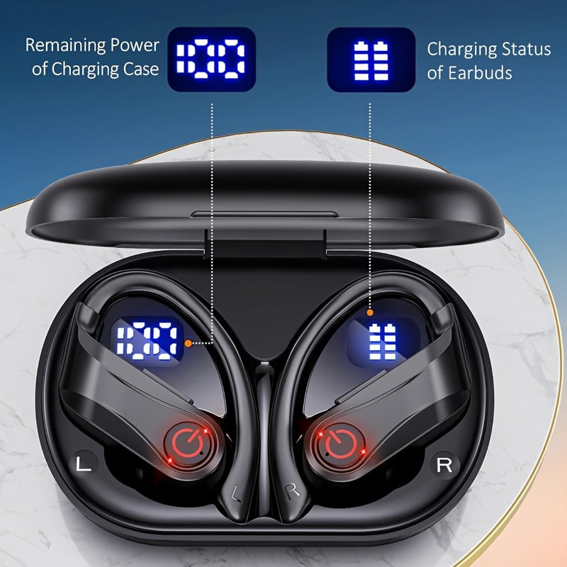 True Wireless Bluetooth Headphones with Microphone, In-Ear Wireless Earbuds, TWS In-Ear Over-Ear Headphones, Featuring ENC Noise Reduction, Touch Control for Volume, Wireless Ear Hooks, LED Charging Case Display, Semi-Open Back Cover