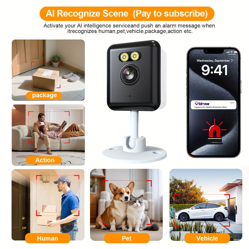 [1080P] 2-Pack/4-Pack 2.4G WiFi Home Indoor Security Cameras, 1080P Full HD Wi-Fi Smart Camera with Full-Color Night Vision, Two-Way Audio, Smart Motion Detection, Smartphone App Control for Video Monitoring, Compatible with Alexa, AI-Powered