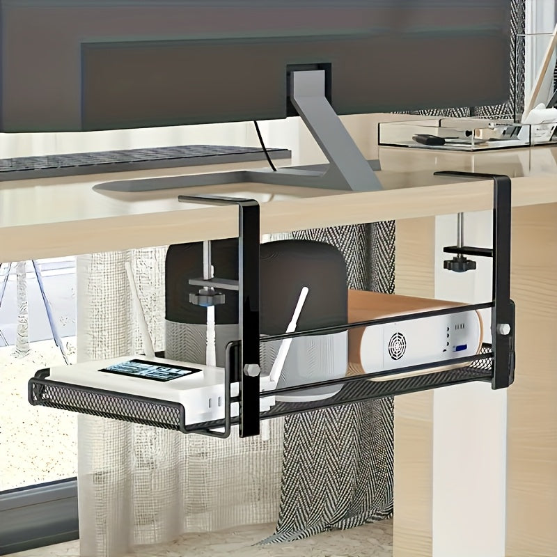 [No Drill Cable Tray] Upgraded No Drill No Screws Under Desk Cable Management Tray with Clamp | Wire Organizers, Computer Cord Rack for Office, Home - No Damage to Desk, Black