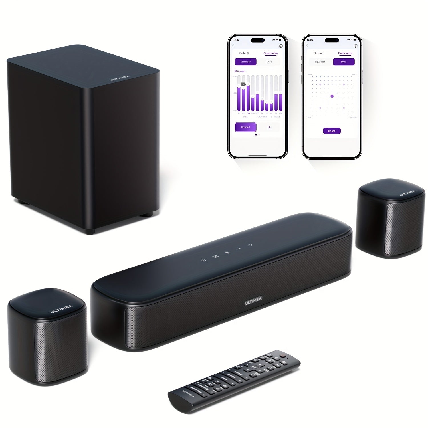 [Home Theater] Ultimea Sound Bar For Smart TV, App Control, Virtual Surround Sound System For TV, Home Theater Sound System, TV Soundbar With Wired Subwoofer, 2 Surround Speakers, Opt/AUX