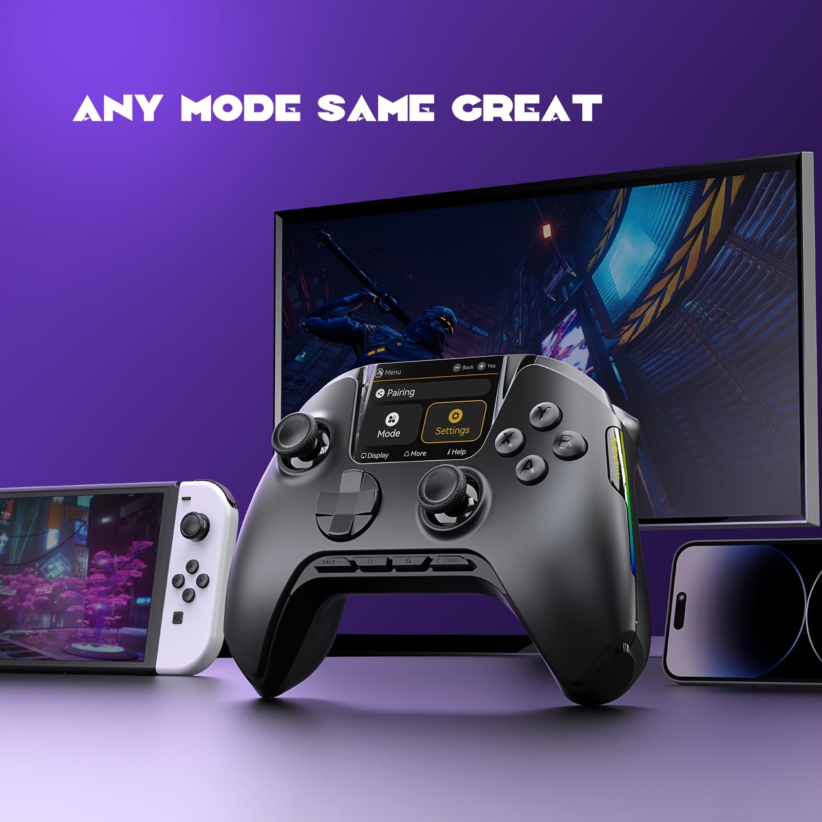 [Wireless Gaming Controller] Interactive Screen Wireless Gaming Controller for Pc/Switch/Ios/Android/Steam Deck, Hall Effect Stick And Trigger, RGB Lighting, Remappable Buttons, 1800Mah with Charging Dock -V2/Black (No Drift). [Notice] Not Compatible with