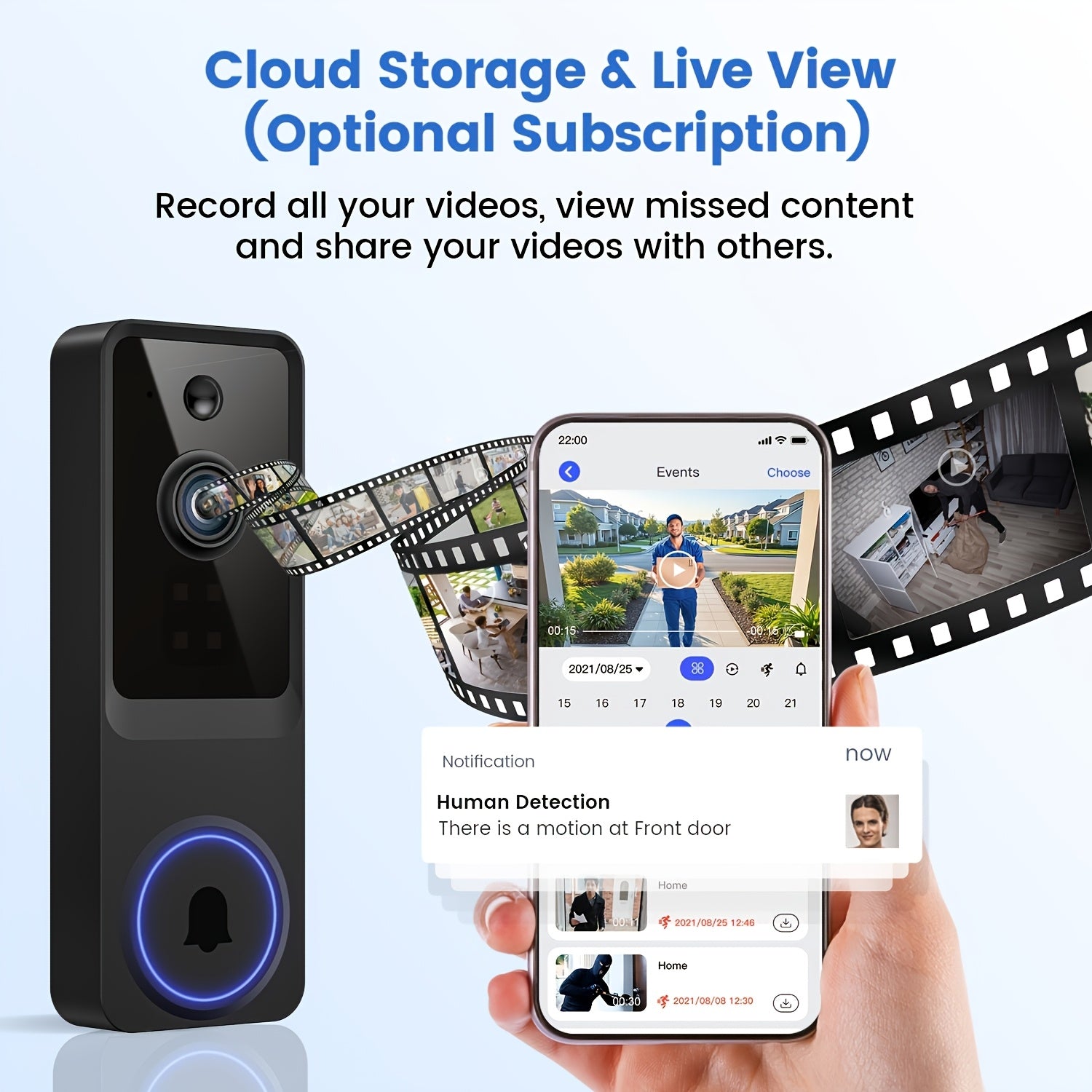 2K Wireless Smart Doorbell, WiFi Camera, Night Vision Function, Artificial Intelligence Snapshot, Rechargeable Battery, Photo And Video Taking, Two-way Intercom, Local Storage