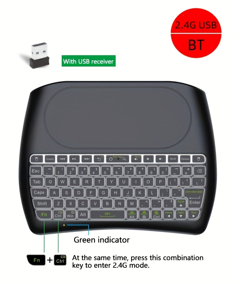 BT And 2.4G Dual Mode Wireless Mini Keyboard with Large Touchpad, Rechargeable Battery And 7-Color Backlight, Handheld Small Keyboard Remote Control with 2.4G USB Dongle, Plug And Play