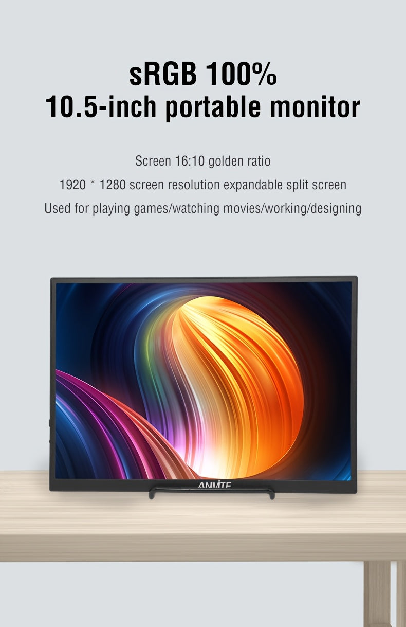 Anmite 10. 5 Inch IPS Portable Screen Monitor SRGB 100% 1280P USB TPYE-C Compatible Laptop Second Screen Gaming Extension Monitor for Mac PS4 PS5pcs Raspberry Pi