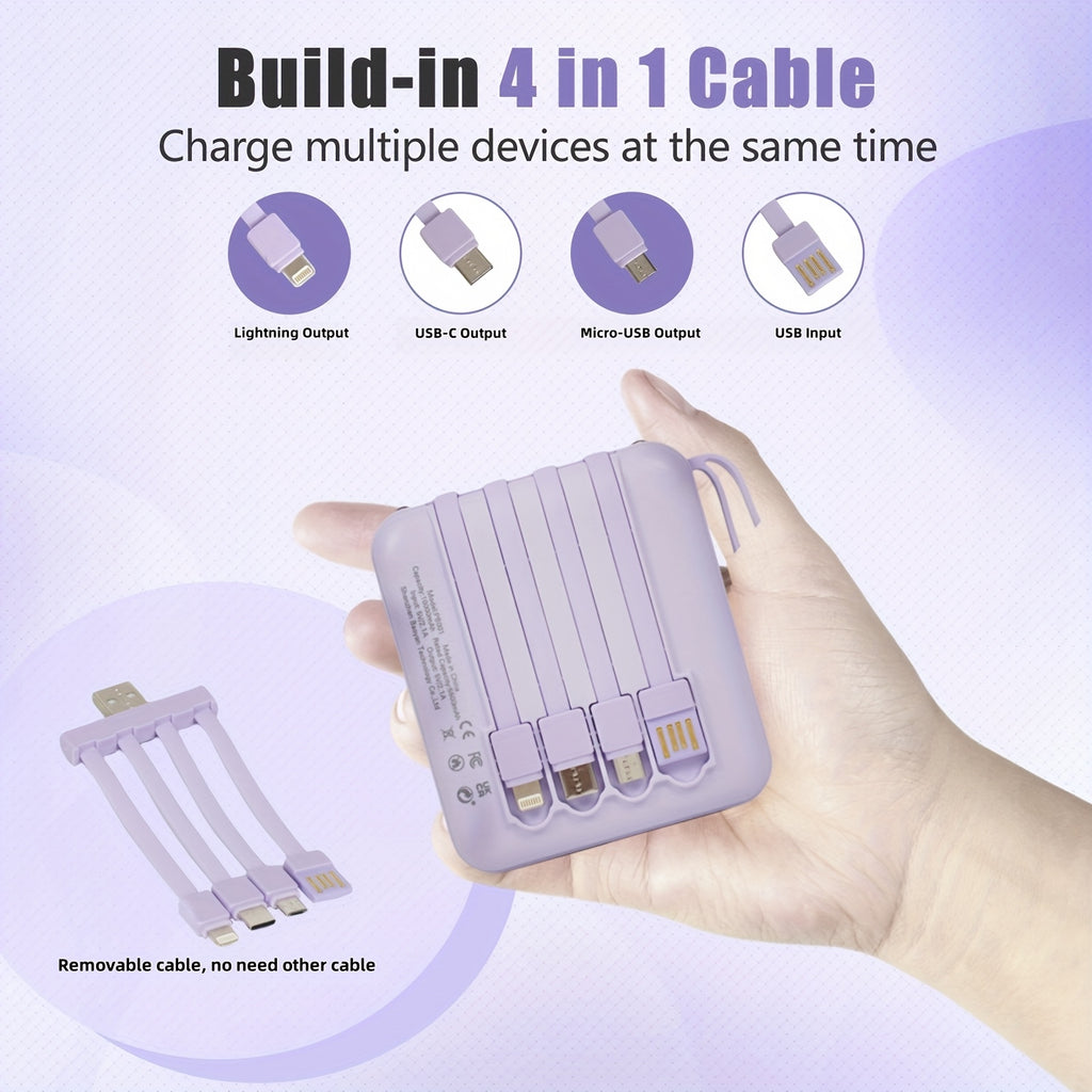 10000mAh This Mini Portable Power Bank Features A With A Built-in 4-in-1 Multifunction Cable. Supporting 5W Slow Charging/15W Fast Charging/22.5W Super Fast Charging, Perfect For Travel Business Keeping Your Devices Powered Anytime