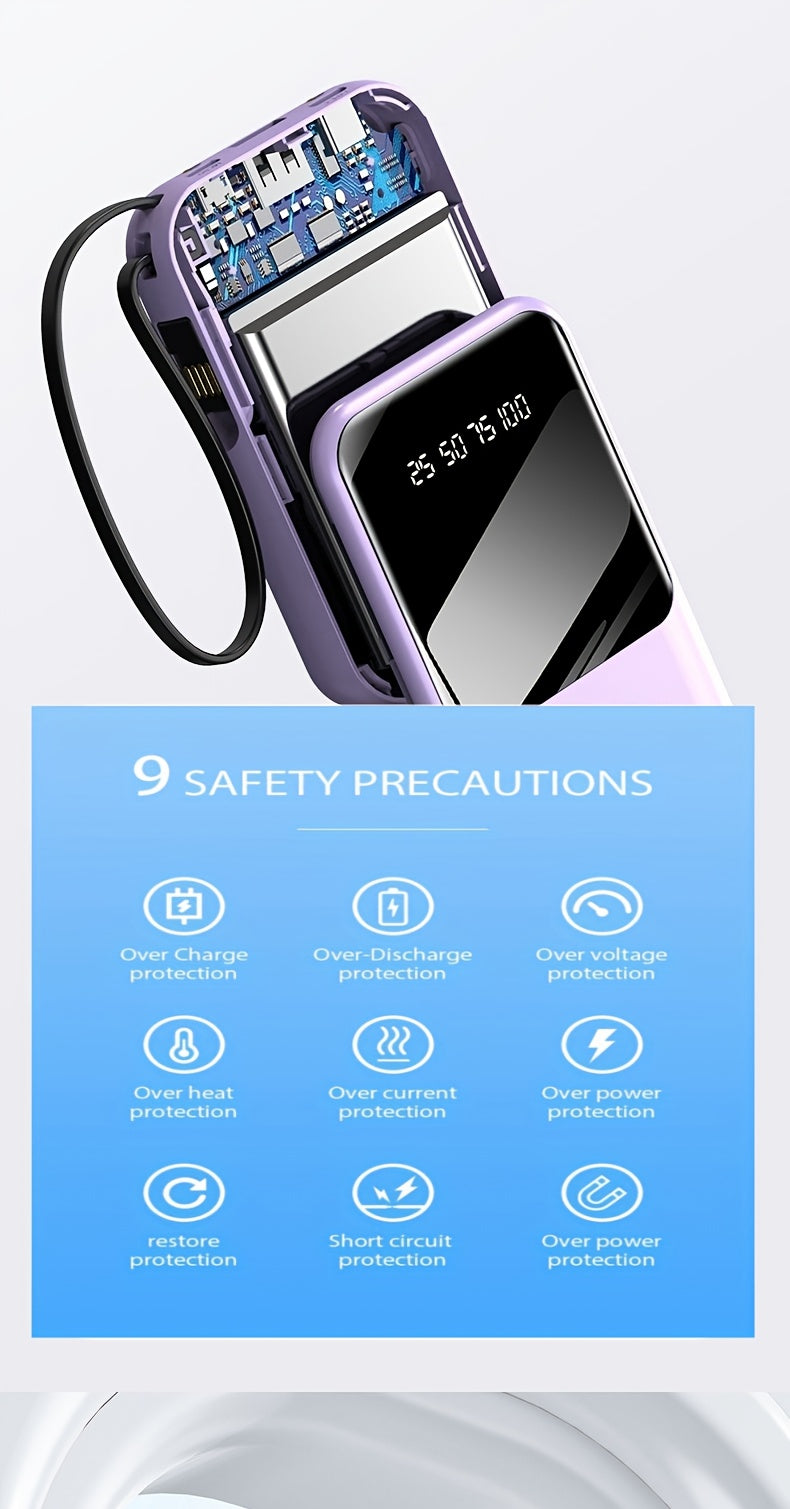 [Portable Travel Charger] 10000mAh Mini Cute 5W Slow Charging/15W Fast Charging/22.5W Super Fast Charging Multifunctional Power Bank Rechargeable Portable Mobile Phone Charger Built-in 4 Cables Ultra-Bright LED Lights Outdoor Travel Battery Packs Digital