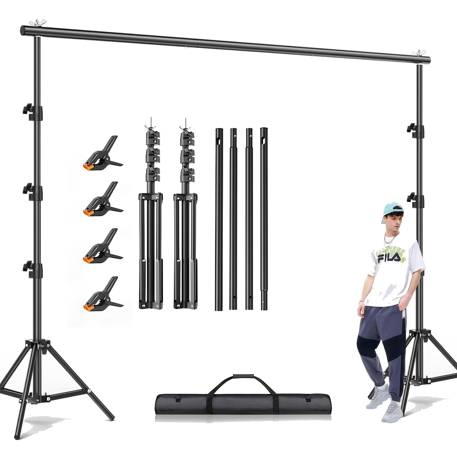 BEIYANG 10x10ft Heavy Duty Backdrop Stand, Adjutable Background Support Kit with 2 Backdrop Support Stands, 4 Crossbars, 4 Clamps, And Carry Bag for Photography Video Stutio, Parties Decoration