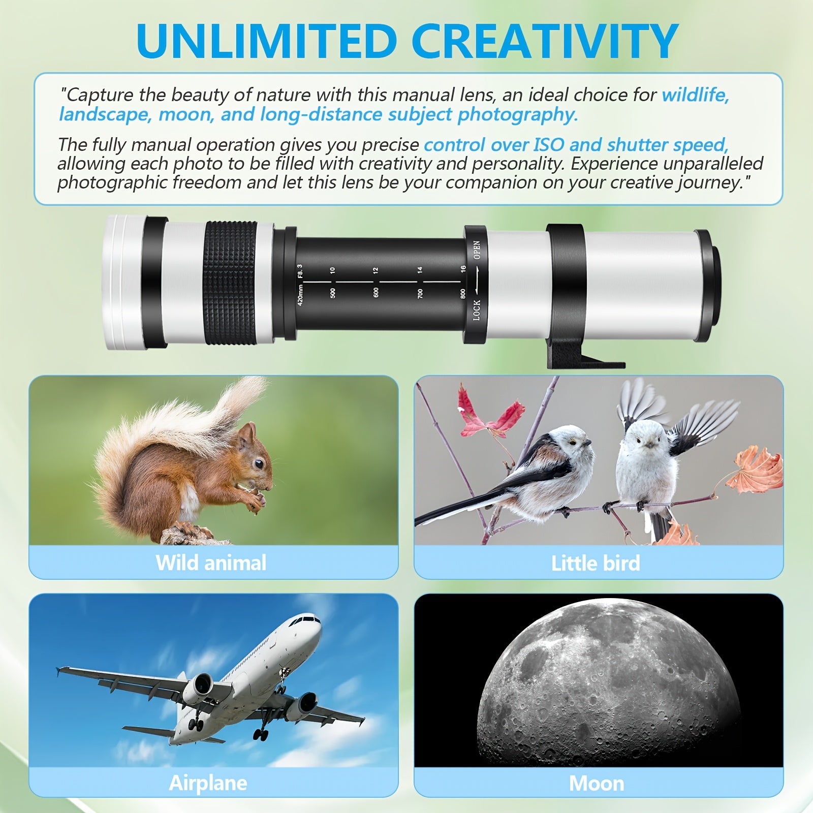 420-800mm F/8. 3-16 High-Power Telephoto Zoom Lens with Manual Focus for Canon EF Mount DSLR Cameras - T-Mount Adapter Included, Compatible with Multiple Models with Adapter