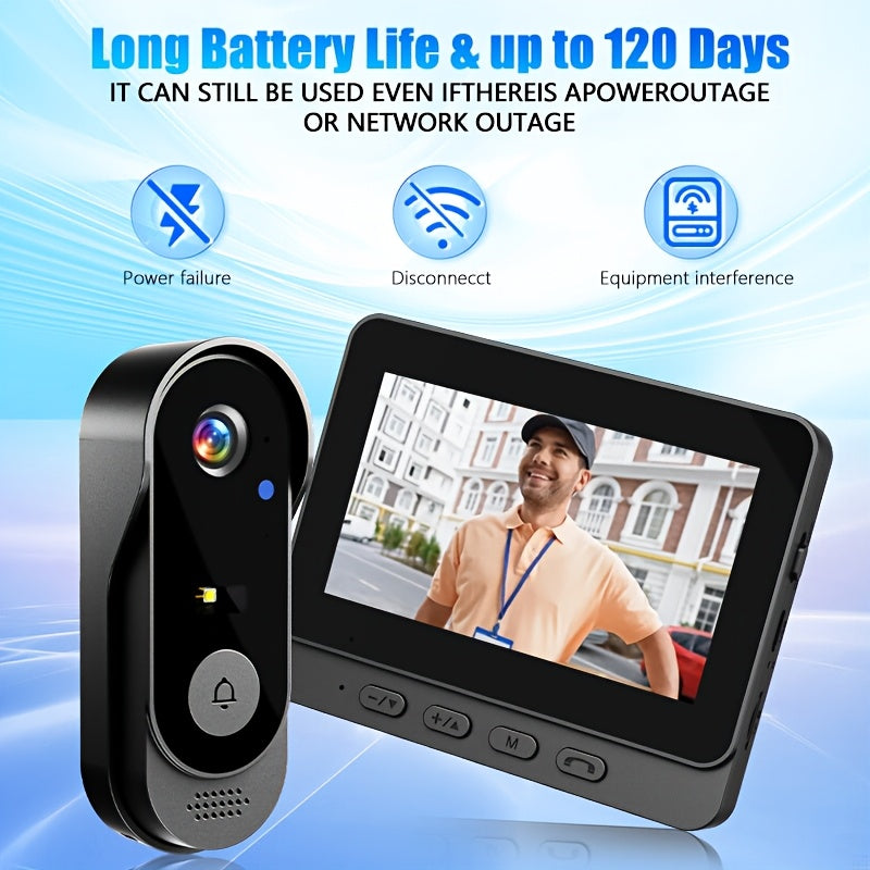 1 Set Smart Wireless Video Doorbell, No WIFI, 4.3"Display Screen, SD Monitor, Waterproof, Two-Way Audio, 2.4G Wireless Connection, 120° Angle, No APP, Highquality Lens Doorbell Camera, Rechargeable Battery