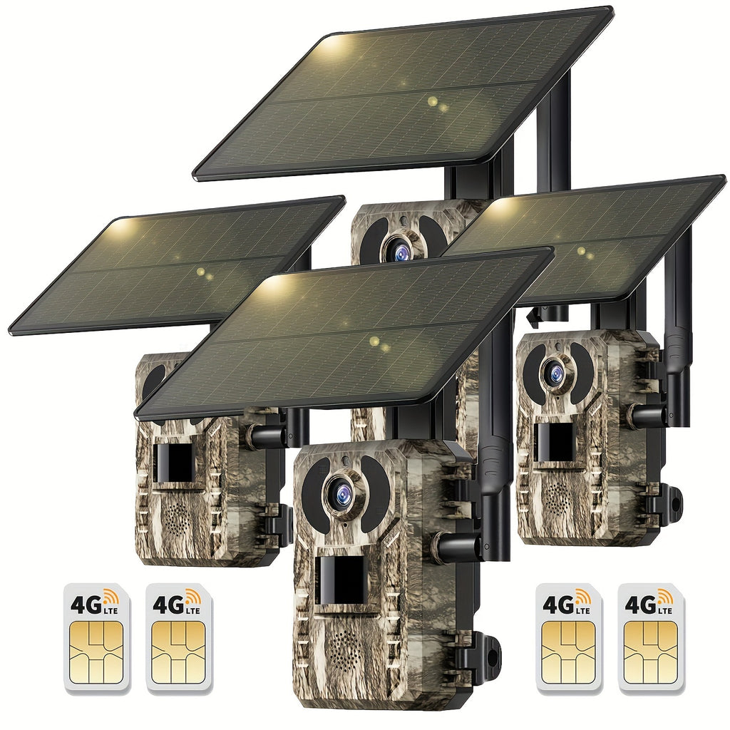 4pcs 4G LTE Cellular Trail Cameras with Ultra-HD Live View, Automatic Night Vision, A Built-in SIM Card, Remote Phone Access, 0.2s Motion Activation, And A Solar Panel for Use In Areas Without WiFi Signals. IP65 Waterproofing Makes Them Ideal for Hunting