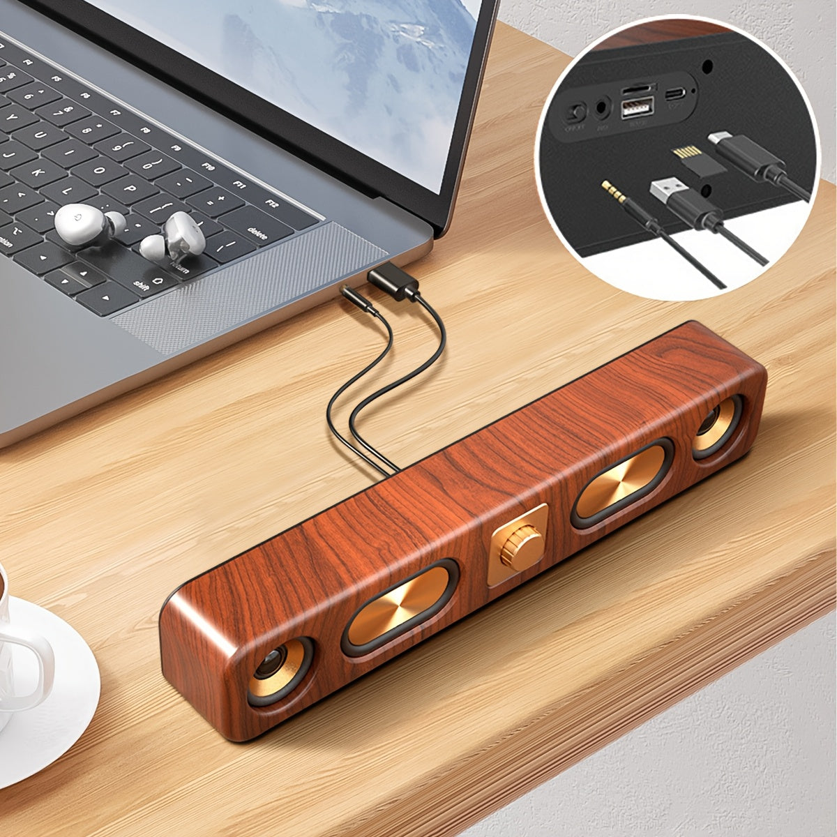 [Vintage|Wireless] Vintage 10W Wireless Bluetooth Sound Bar | Dual 2'' Speakers USB Wired, 3.5mm Aux-in Computer Speakers for Desktop Monitor