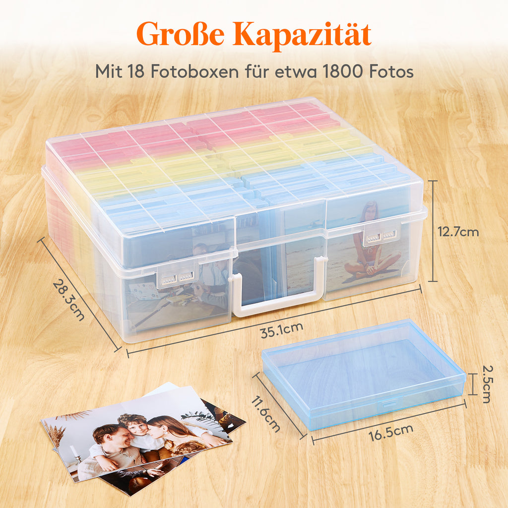 Photo Storage Box 4x6 Photo Case, 14 Inner Photo Keeper, Clear Photo Boxes Storage with 1 Sheet Label Sticker, Plastic Craft Storage Box with lids for Cards Pictures Stamps Office Supplies