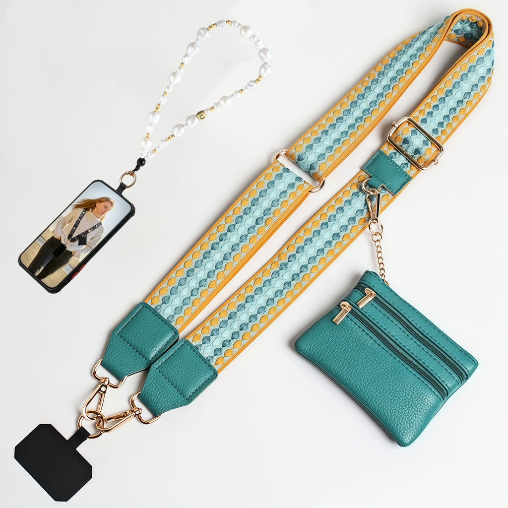 Clip And Go Strap Phone Strap with Pouch, Adjustable Phone Strap Crossbody, Detachable Wrist Strap with Wallet,, with Beaded Phone Charm Lanyard