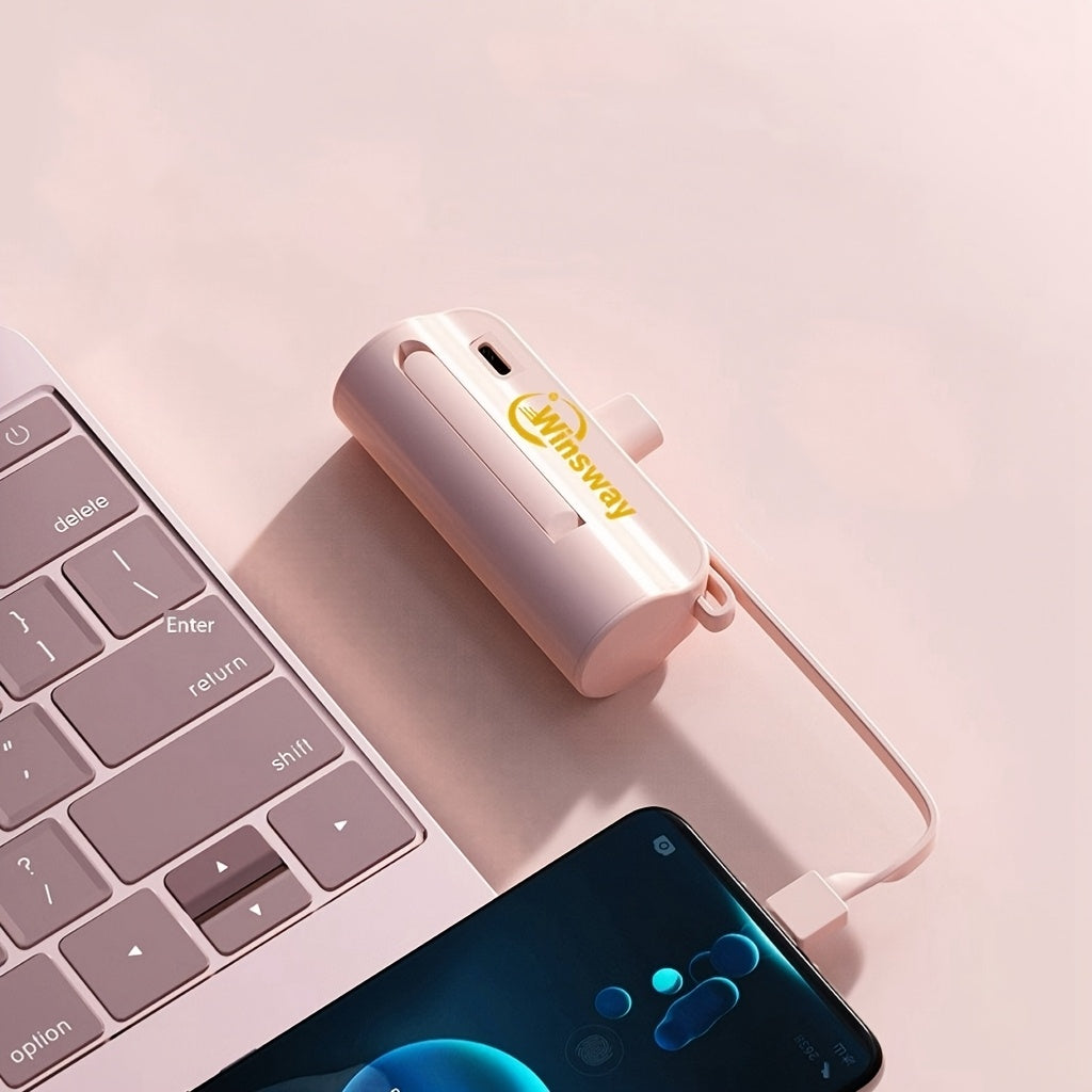 WINSWAY Dual Port 5000mAh Capsule Mini Pocket Mobile Power Bank, Portable Fast Charging Wireless Phone Holder Charger, Comes with Type-C Data Cable, Can Charge Two Phones At The Same Time, Compatible with Android, Samsung And Other Devices, Suitable