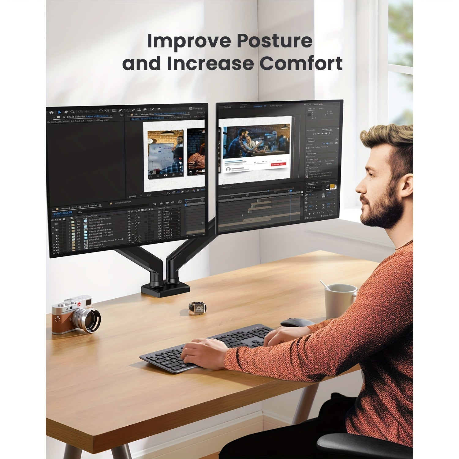 [Dual Monitor Mount] 32 Inches Screen Dual Monitor Mount, Home Kitchen Furniture, Max 22 Lbs Each Arm, Adjustable Dual Monitor Stand, Dual Monitor Arm With 180° Swivel, Tilt, 360° Rotation For Home Office, VESA 75/ 100mm