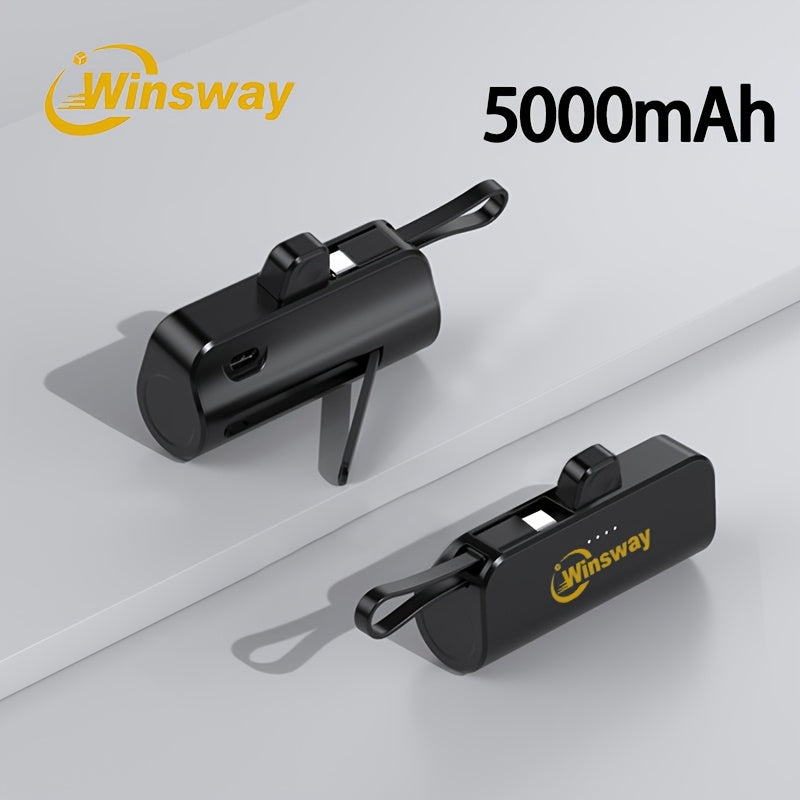 WINSWAY Dual Port 5000mAh Capsule Mini Pocket Mobile Power Bank, Portable Fast Charging Wireless Phone Holder Charger, Comes with Type-C Data Cable, Can Charge Two Phones At The Same Time, Compatible with Android, Samsung And Other Devices, Suitable