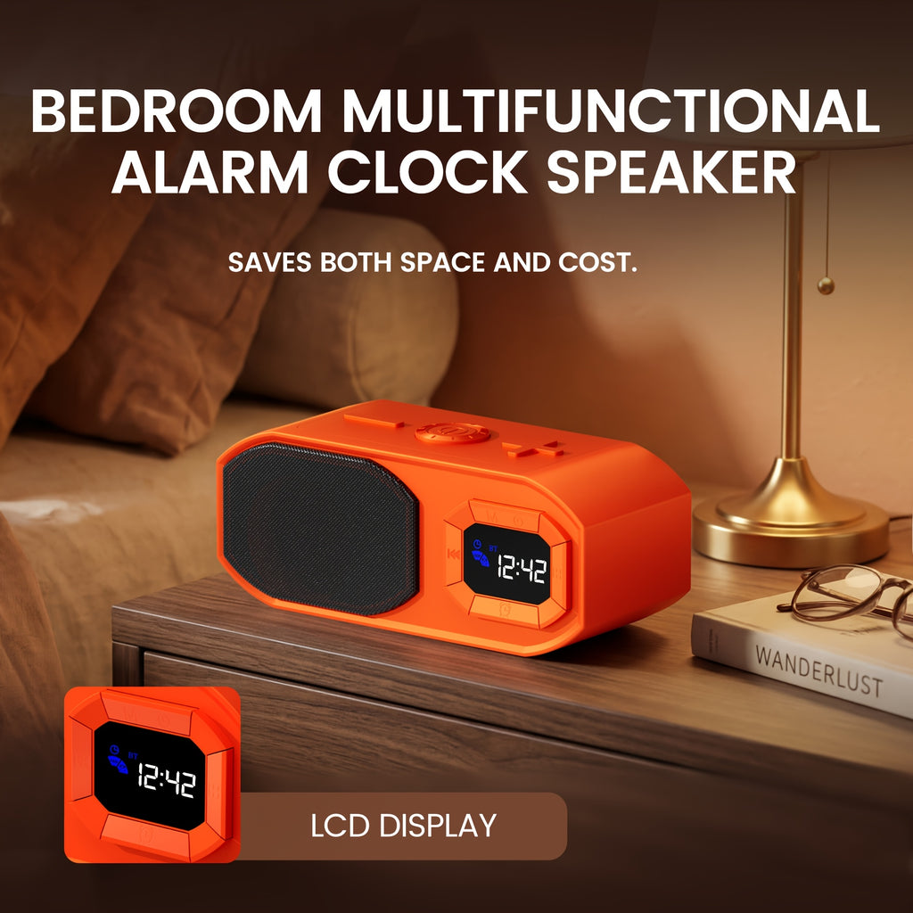 Wireless Speaker with Digital Alarm Clock, Fixed-time Alarm, HD Sound, High - Quality Diaphragm, TWS Pairing, Wireless/USB/TF Card/AUX, Rechargeable Battery, Type-C Charging Cable, Non-slip Pad, Suitable for Home, Bedroom, Dorm, Camping