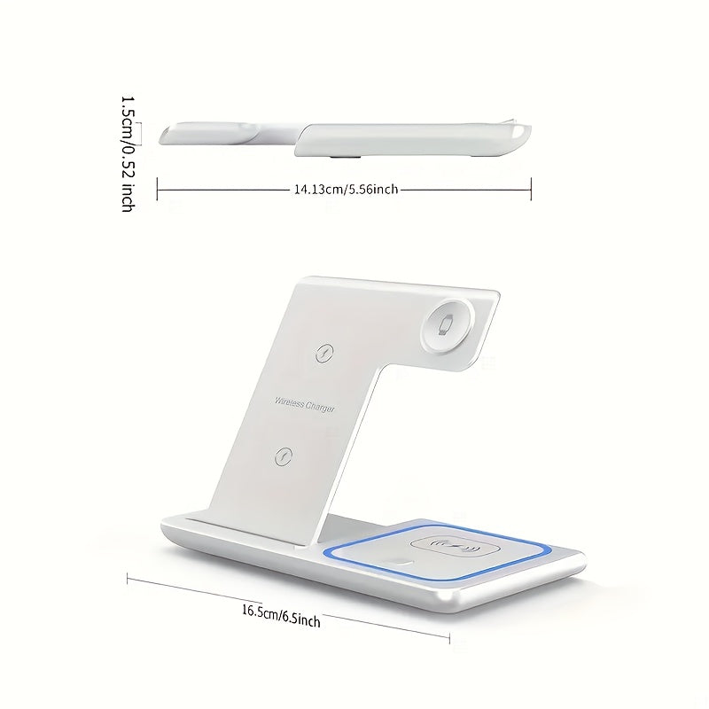 3-in-1 Wireless Charging Station - 15W Fast Charger Stand with QC3.0 Adapter - Suitable for iPhone 15 14 13 12 11 X 8 Pro Max/Pro/Mini/Plus, iWatch Ultra 9/8 7/6/5/4/3/2, AirPods 3/2