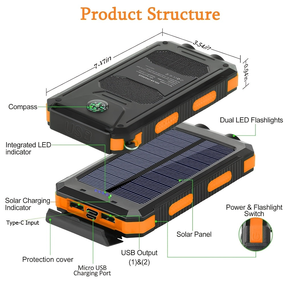 29800Mah Portable Charger Solar Power Bank, Camping External Backup Battery Pack Dual 5V USB Ports Output, for All Cell Phone for All Mobile Devices Built-In Dual Super Bright Flashlights, with Compass Outdoor Emergency Use, Portable Power Station
