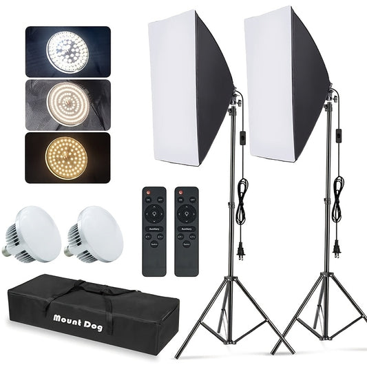 MOUNTDOG 1/2pcs Softbox Lighting Kit, 2x19.7"x27.5" Photography Continuous Lighting System with 2pcs 85W 5700K E27 Socket LED Bulbs And Remote for Portrait Product Fashion Photography