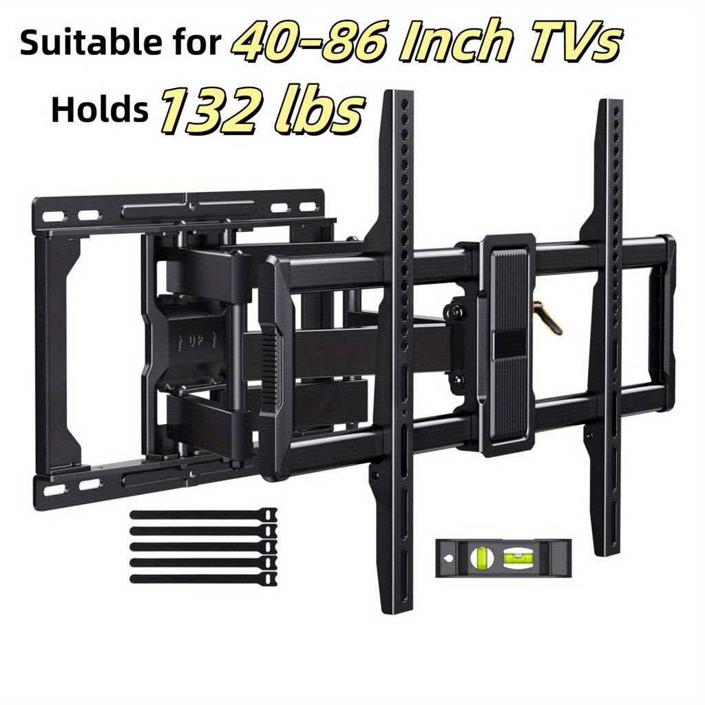 Full Motion TV Wall Mount Holds 132 Lbs, Fits 40-86" TV, Full Motion TV Wall Mount, Pre-Assembled TV, Holds 110-132 Lbs, Pre-Assembled TV Mount, Tool-Free Tilt, Rotate, Extend, Up to VESA 600 X 400mm, 12"/ 16"/ 18"/ 24" Wood Studs