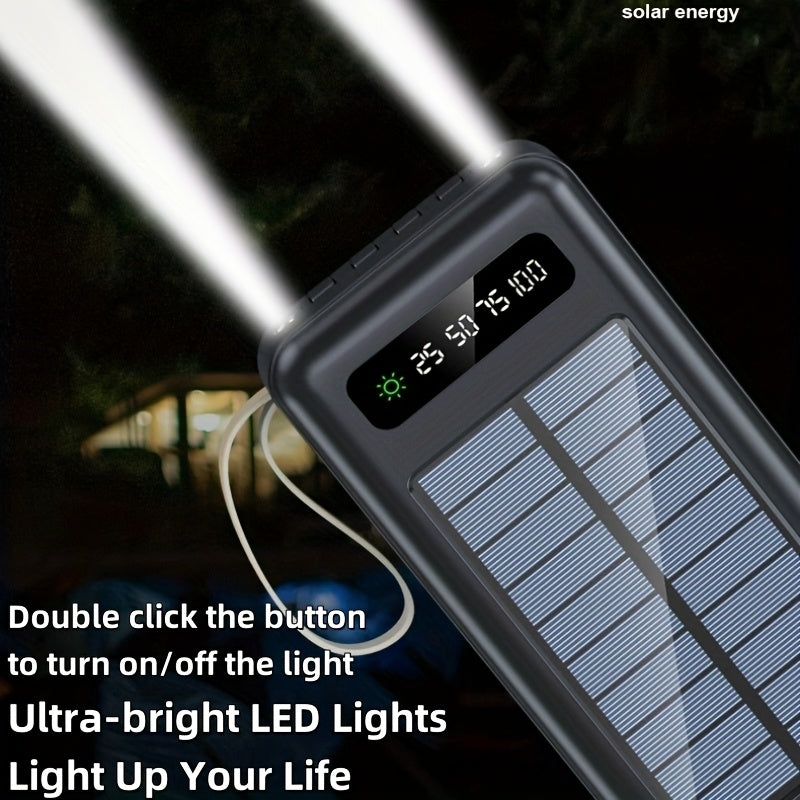 10000/20000/30000mAh 5W Slow Charging/15W Fast Charging Multifunctional Solar Power Bank With Ultra-bright LED Light, Large Capacity Rechargeable Portable Mobile Phone Charger Built-in 4 Cables Digital Display Dual Usb Port USB-C Input