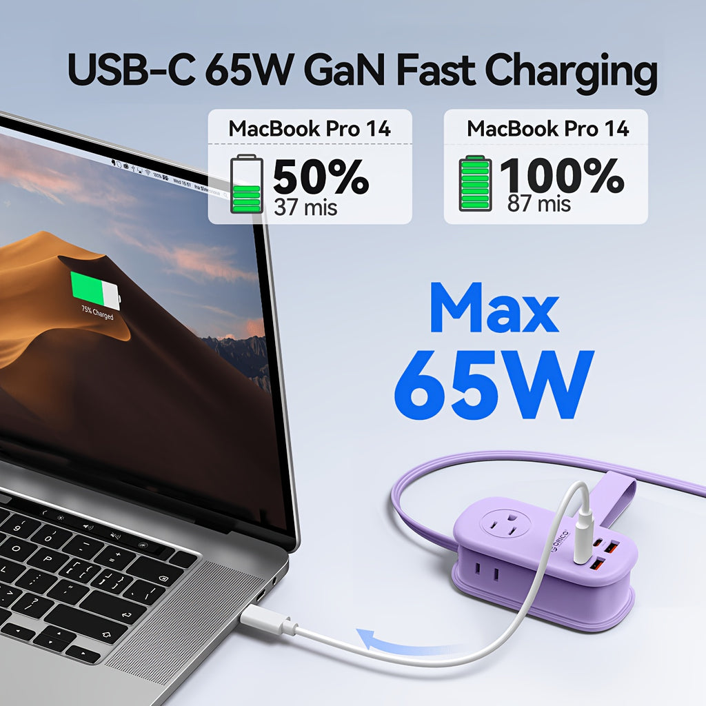ORICO 65W Portable Power Strip with Fast Charging & Gallium Nitride Technology, Compact Suitable for for Home/Office/Studio, 2 USB-C/2 USB-A/3 US Outlet, Flat Plug & 50.0inch Cable, Compatible for Mobile/Laptop/Tablets/ Devices