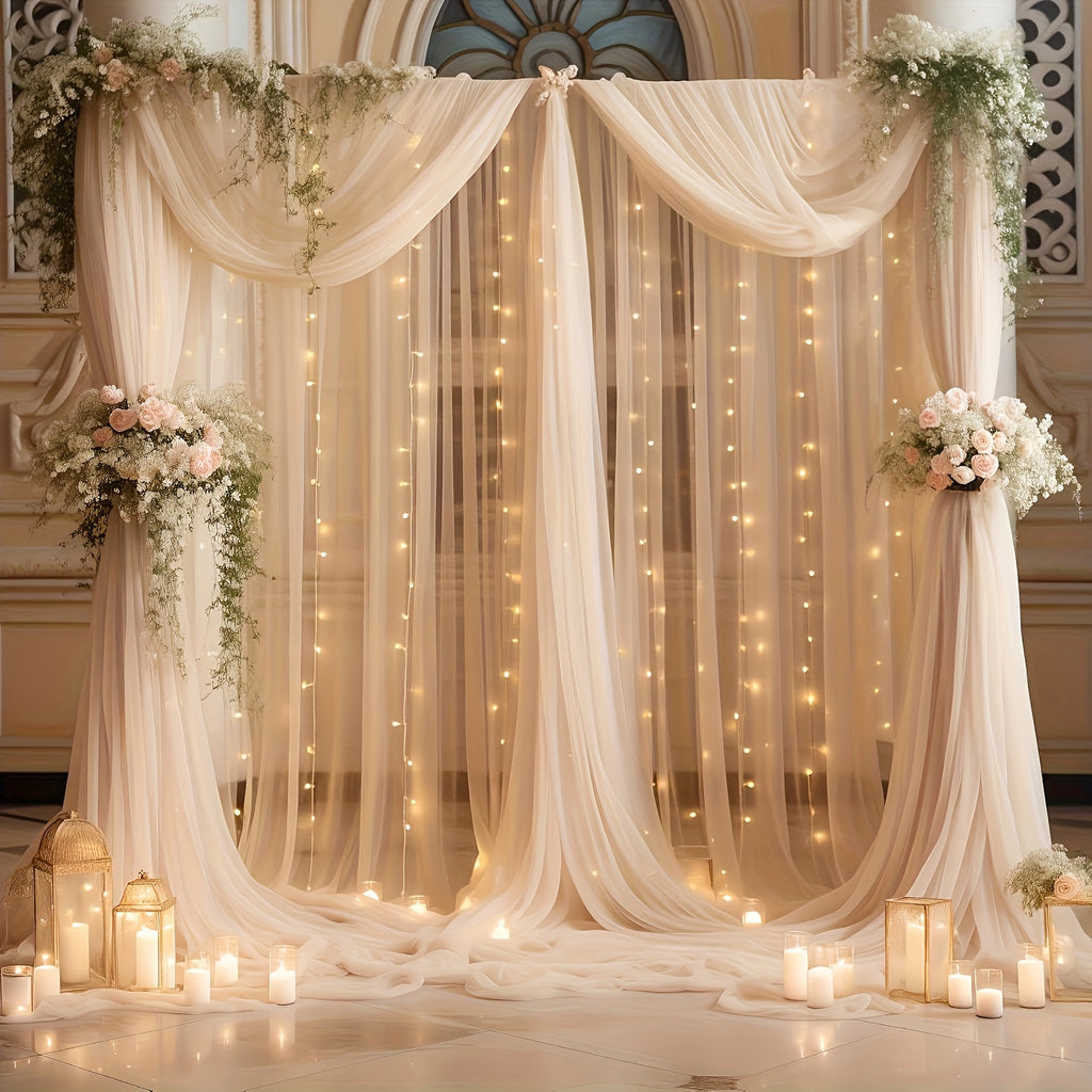 2pcs Photo Booth Props 5.2X10Ft Champagne Tulle Backdrop Non-Porous Tulle with String Lights for Party, Sheer Curtain Backdrop Wedding for Party Home Decoration