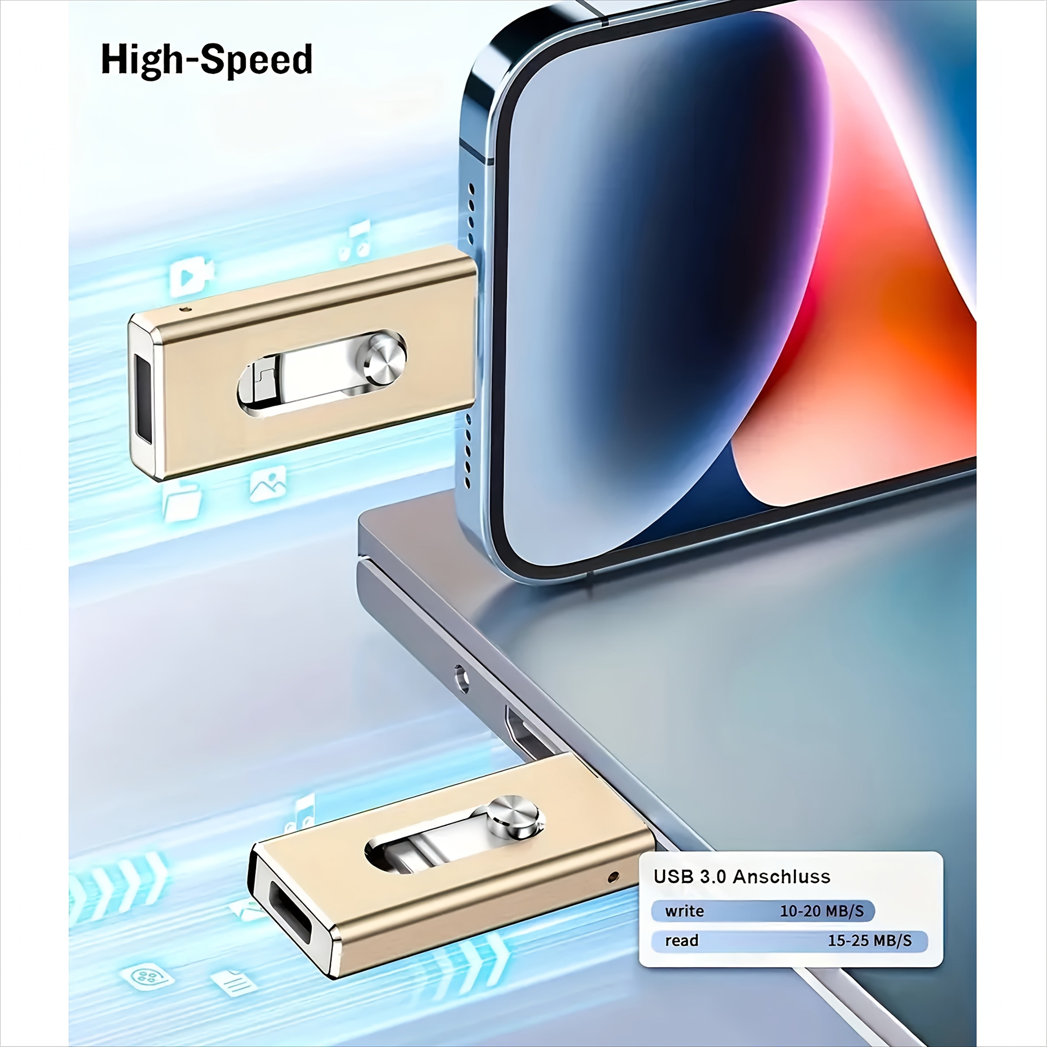 1pc Portable Large-Capacity Flash Drive High-speed Data Transmission with Stable and Reliable Performance Compatible with Multiple Devices: iPhone, iPad, Android, and PC Sleek Metallic Design in Black and Golden, 13-inch Size Ideal for Study
