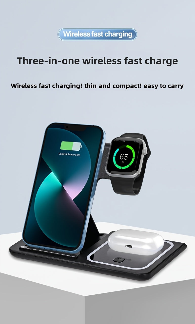 3-in-1 Wireless Charging Station - 15W Fast Charger Stand with QC3.0 Adapter - Suitable for iPhone 15 14 13 12 11 X 8 Pro Max/Pro/Mini/Plus, iWatch Ultra 9/8 7/6/5/4/3/2, AirPods 3/2