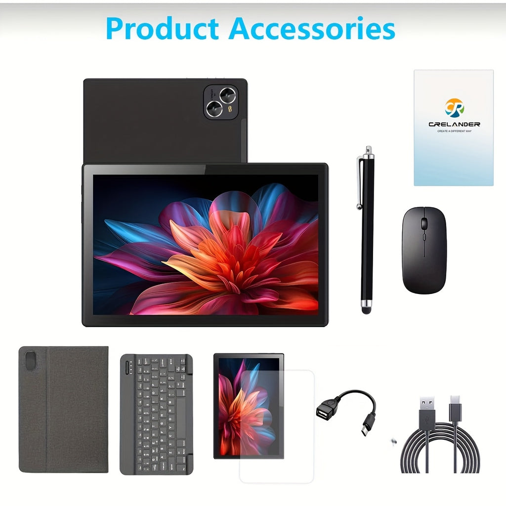 CRELANDER 10.1 Inch Tablet Android 13 Deca Core 128GB Rom 2.4G/5G WiFi 5000mAh Battery 1280x800 HD Touch Screen 5MP+13MP DUAL Camera 4G LTE with Case, Mouse, Stylus(No Electricity), Keyboard, 2in 1 Tablet PC