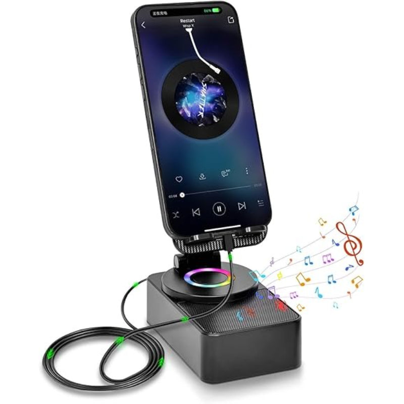 3 in 1 Phone Holder with Wireless Speaker, Phones Induction Speaker Amplifier, Phone Speakers Stand, High Capacity Battery for Emergency Rechargeable, Foldable for Tablet Iphone Android