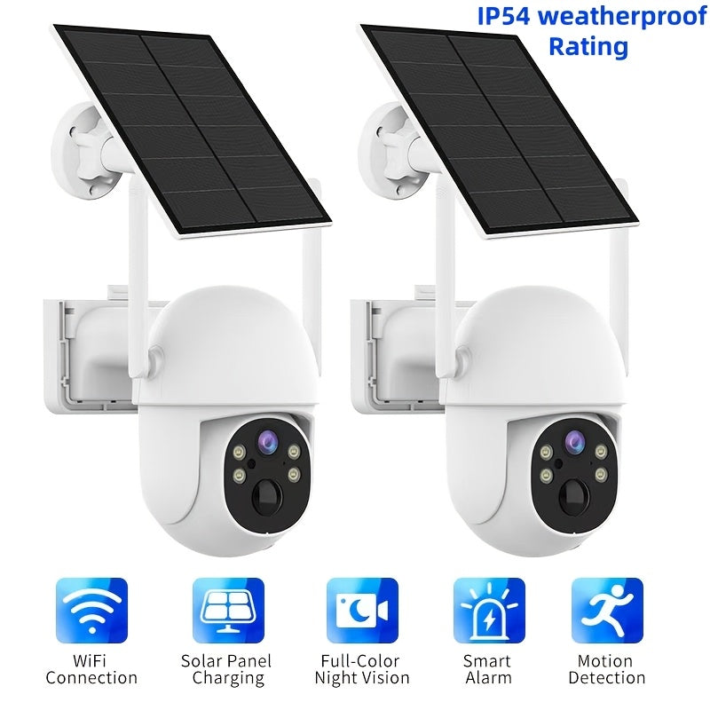 A Solar-Powered Security Camera Featuring AI Detection, Sound And Light Alerts, App-Controlled Pan/Tilt Functionality, Color Night Vision, Wi-Fi Connectivity, 3MP HD Resolution, Two-Way Audio, Encrypted Cloud Storage, Water Resistance