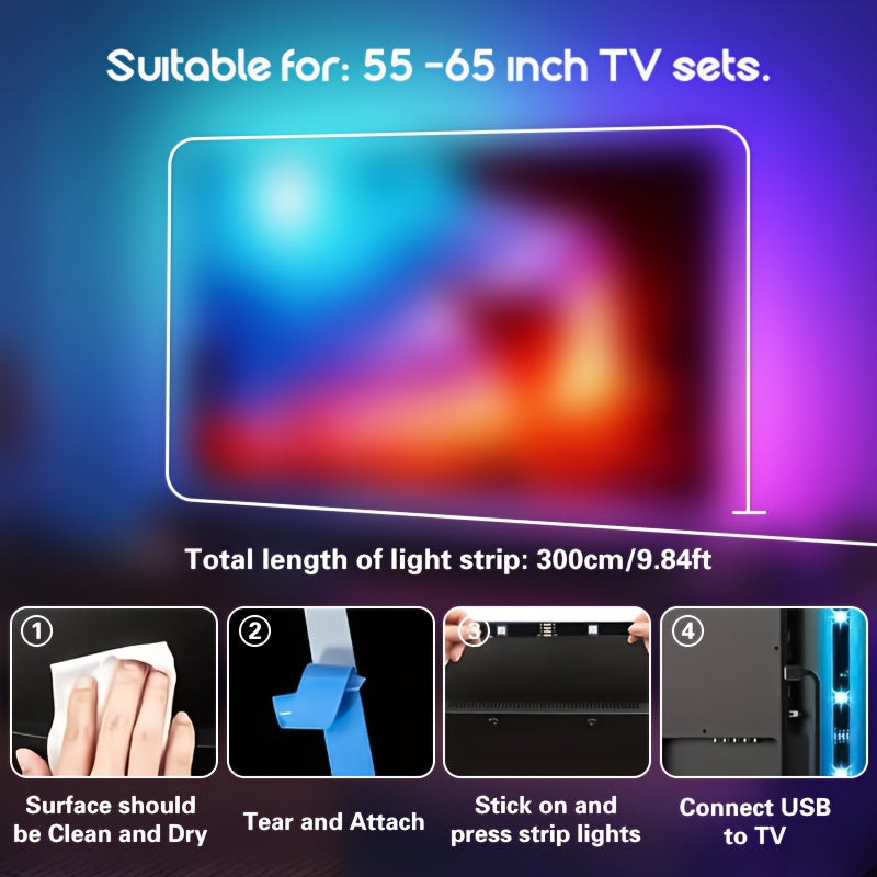 5ft Smart TV LED Backlight with Camera - RGB Color Changing Lights, Sync RGBW Strip, USB-Powered (with Button Battery), Compatible with Smart TVs for Home Theater, Gaming, Video Calls - Ambient Lighting Effects, LED Light for Tv