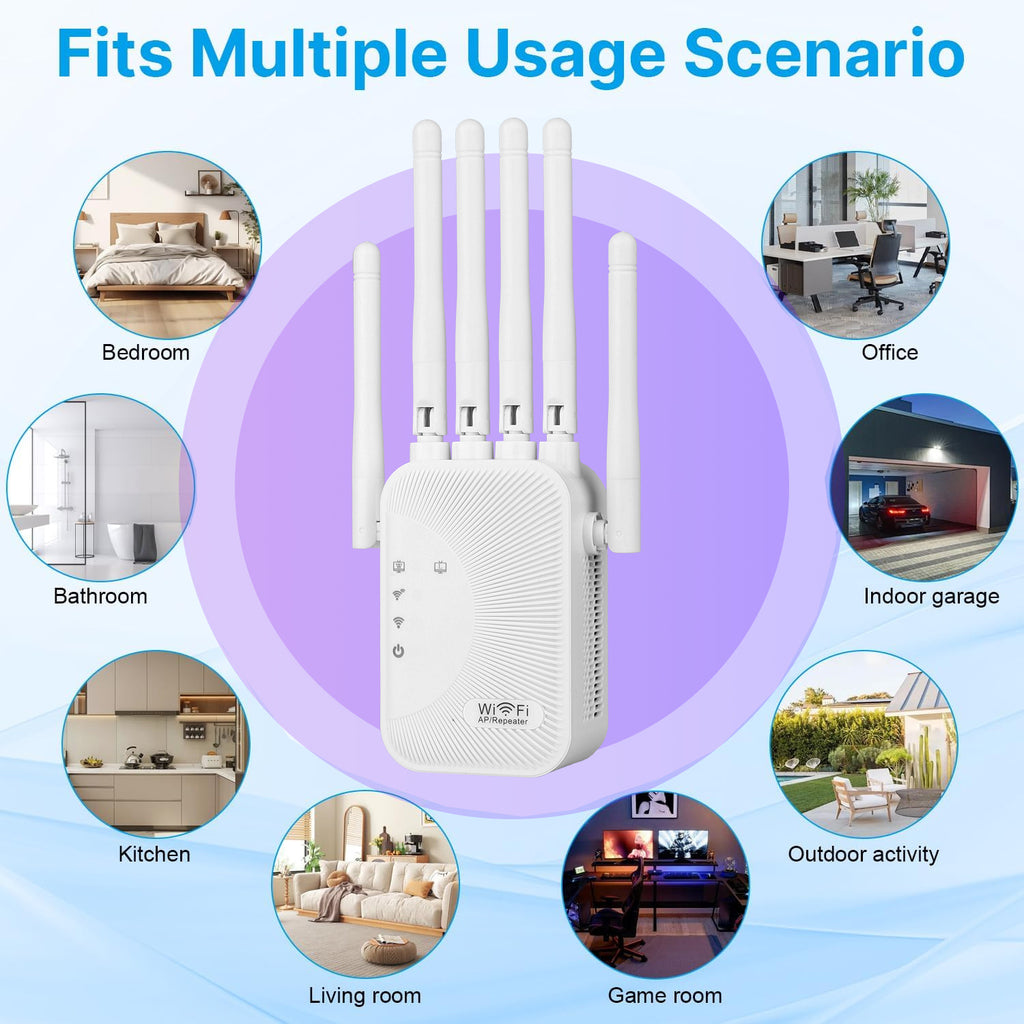 Ourlife Wifi Extender Signal Enhancer, 2.4Ghz Frequency Band, Wifi Extender, Wifi Repeater with Ethernet Port, 6 Antennas 360 °, Coverage Up to 11000 Square Feet. Home/Shopping Mall/Coffee Shop Use