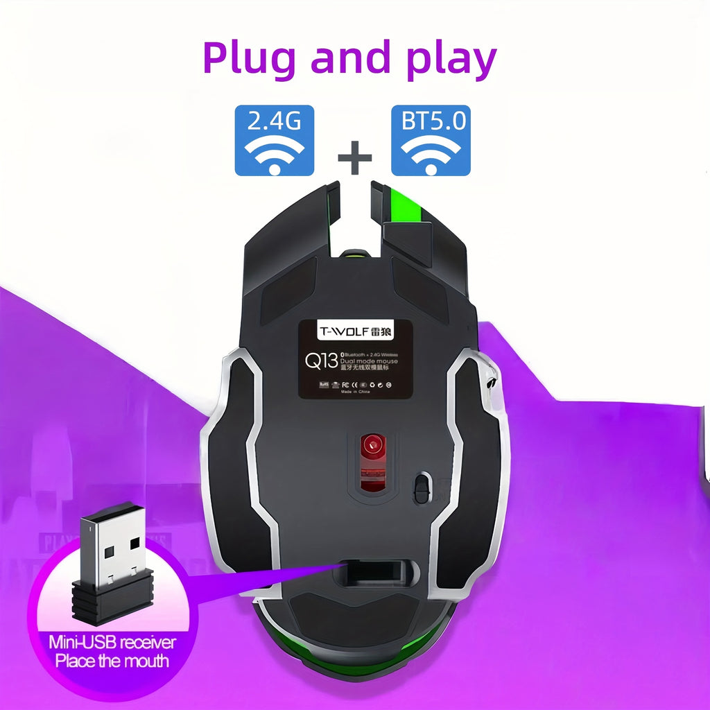 Silent Wireless Mouse - T-WOLF Rechargeable BT5.0 + 2.4G Dual-Mode Office Mouse, Full-Size Ergonomic Comfort for Extended Work, Study & Gaming, RGB Aesthetic Desk Setup Accessories, Back to School Gift