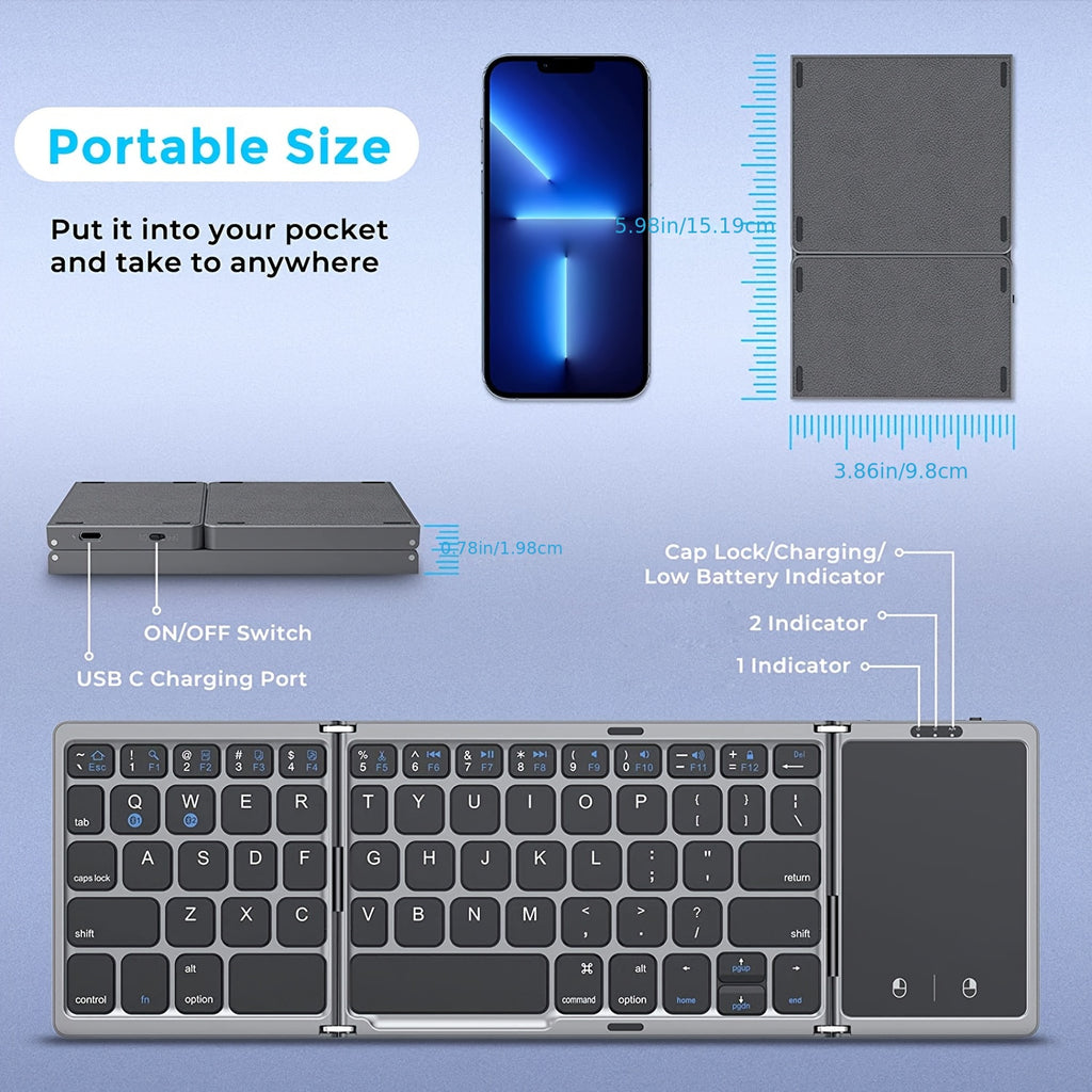 Seenda Foldable Wireless Keyboard with Touchpad Rechargeable Portable Tri-Folding Small Keyboard for Laptop Tablet PC Smartphone Windows IOS Android