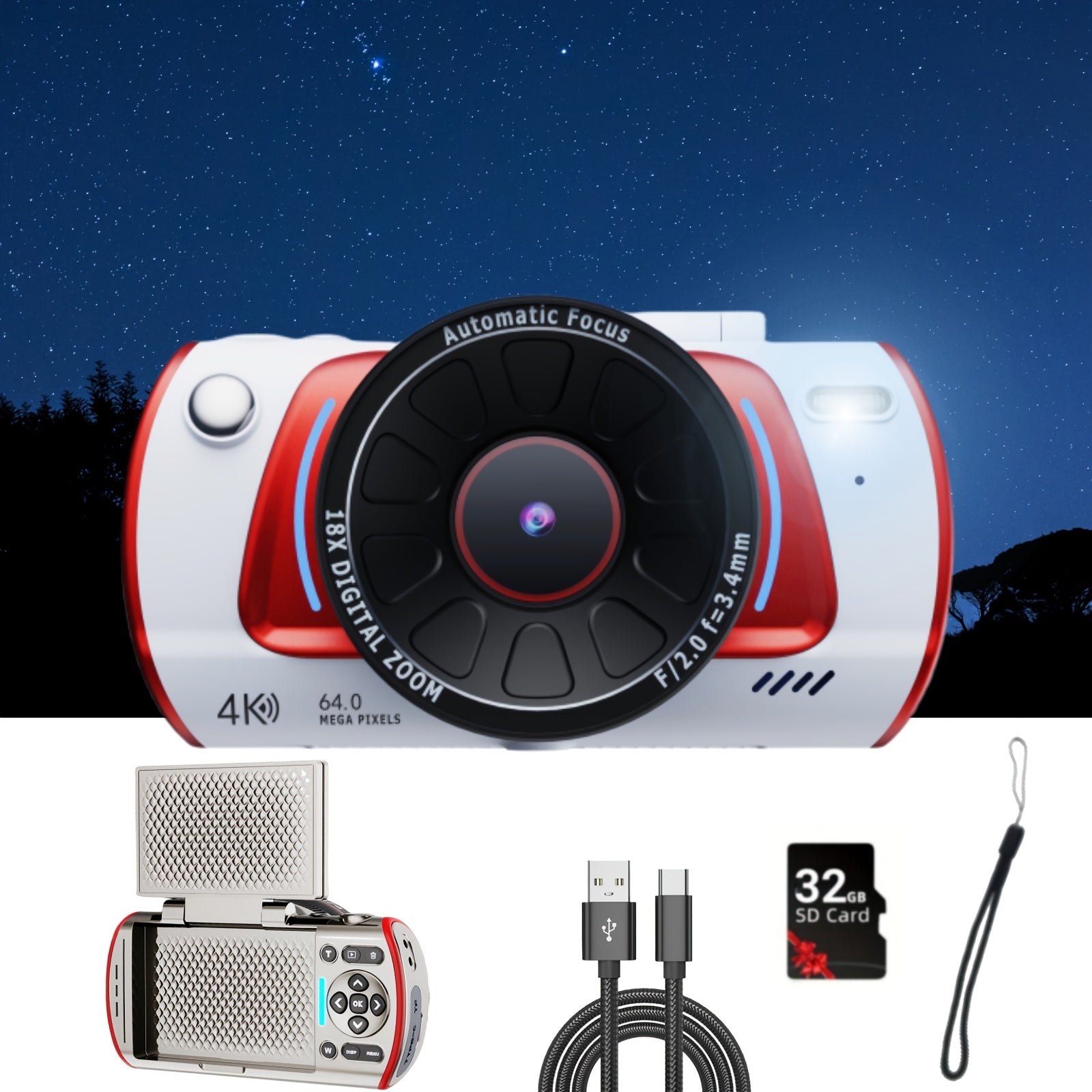 [4K Vlogging Camera] 4K 48MP Digital Camera | Vlogging Camera with 16X Zoom, 3" 180° Flip Screen, Auto Focus & Anti-Shake | Compact Travel Camera for Youtube, Live Streaming, Beginners - Includes 32GB SD Card & Additions