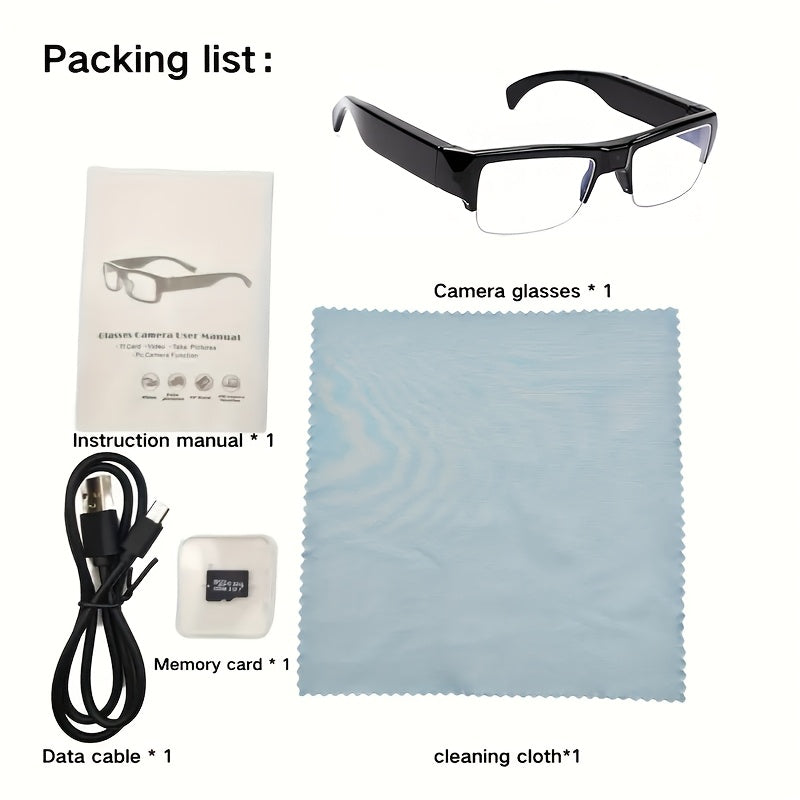 1pc Video Glasses, 1080P HD Sports Camera, Portable Wearable Camera, Smart Glasses, 65° Wide-Angle Lens, Body Camera, with 32/64GB Storage Card, Driving Recorder Glasses, Cycling, Conference Recording, Christmas, Halloween
